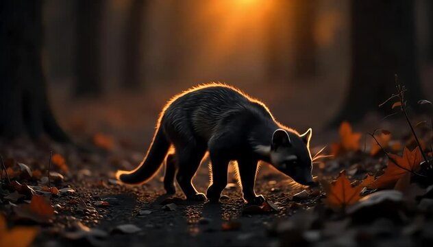 African civet walking silently across forest floor