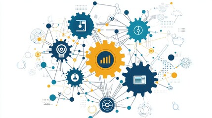 Interconnected gears with embedded icons representing technology, automation, and workflow processes, symbolizing digital innovation, system integration, and efficient business operations in a modern 