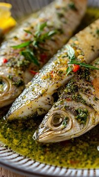 Animation of sea bream filets with Genoese pesto sauce 