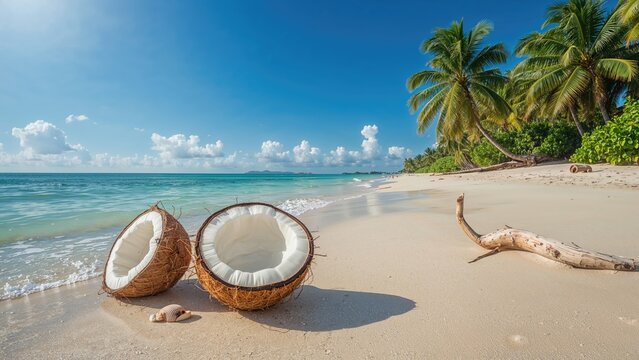 Recently opened coconut placed on an immaculate island coastline
