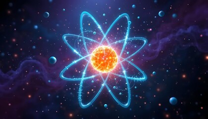 Explore the atomic structure with radiant energy and vibrant cosmic particle background design now