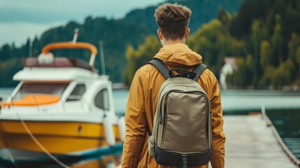 Fototapeta premium A young man in a yellow rain jacket stands by a dock, facing a small boat on a tranquil lake surrounded by lush greenery.