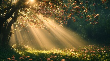 Obraz premium Dappled Sunlight Filtering Through Blooming Trees in Nature Scene