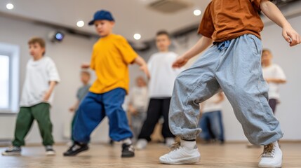 Children learning hip-hop and modern dance at a dance school, close-up of legs
