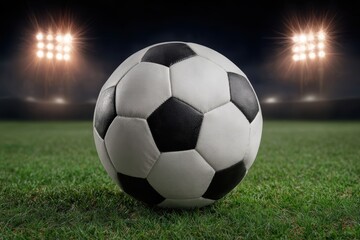 Fototapeta premium Soccer ball on a grassy field under stadium lights at night