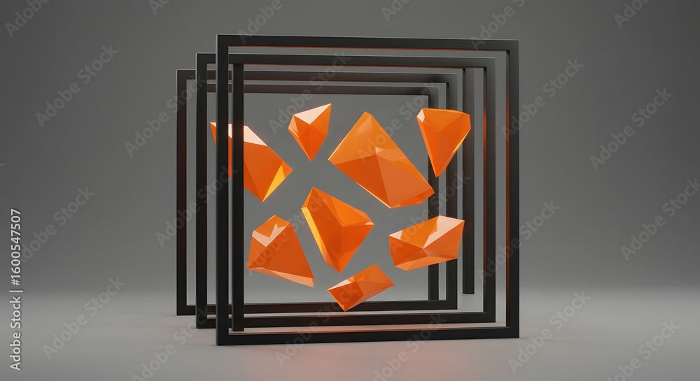 Fototapete abstract composition with orange geometric shapes inside black square frames on a gray background