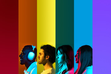 Side profiles of diverse people in neon-lit rainbow bars. Concept of diversity in tech branding,...