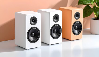 Obraz premium Three Modern Compact Speakers In White And Beige On A Table, Blank Mockup