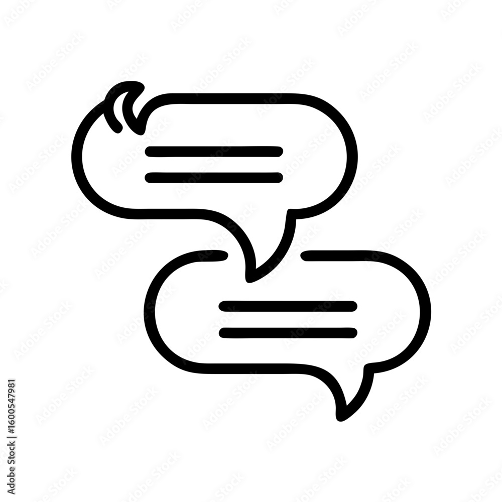 Poster two overlapping speech bubbles with horizontal lines inside representing dialogue and communication 
