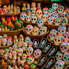 Fototapeta premium Traditional Mexican Sugar Skulls and Figurines for Day of the Dead Celebration