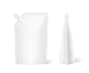 Realistic stand pouch bag with corner spout mockup. Vector illustration isolated on white background. Front view. Can be use for template your design, presentation, promo, ad. EPS10.