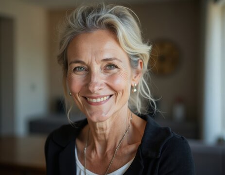 Headshot portrait of beautiful mid aged woman posing indoors with healthy toothy smile Happy elderly female renter tenant buyer of new apartment flat office space looking at camera at relocation day 