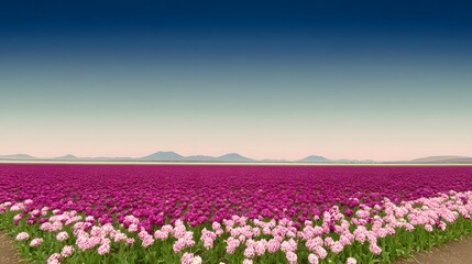 Obraz premium A vast field of vibrant pink and white flowers stretches towards a distant mountain range.