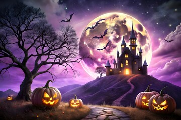 A spooky halloween night scene with carved pumpkins and a haunted castle illuminated by a large full moon and flying bats