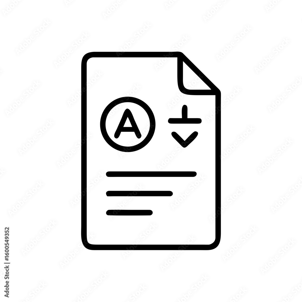 Poster document with a grade a and an arrow pointing down indicating a download in a simple line drawing st