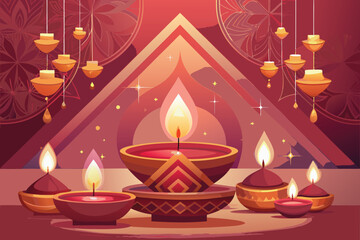 Festive Diwali Background Illustration with Cat Lights and Traditional Elements