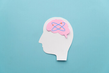 Human head with dizzy stars brain on blue background. Concept of dizziness, vertigo, headache,...