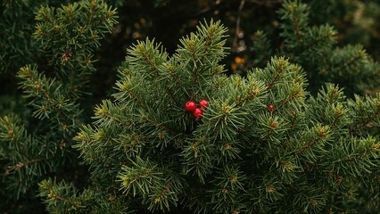 Detailed view of coniferous green branches with red fruits