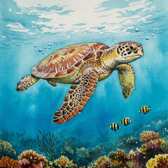 Fototapeta premium Elegant Sea Turtle Watercolor Gliding Underwater in a Serene Ocean Scene.