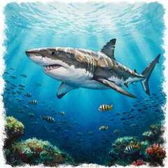Fototapeta premium Majestic Watercolor Shark Swimming in the Deep Blue Ocean, Detailed Illustration.