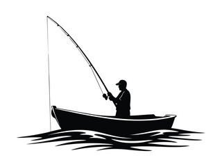 Silhouette of a man fishing in the sea on a boat