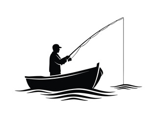 Silhouette of a man fishing in the sea on a boat