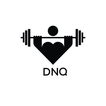 Minimalist DNQ Logo with Dumbbell and Strong Arm Silhouette - Fitness Icon Design. DNQ Letter Logo.

