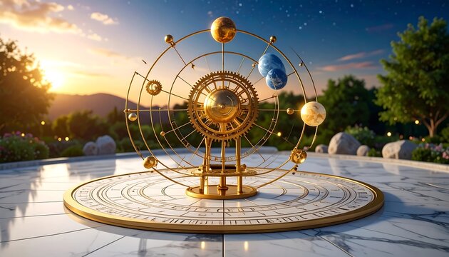 Ornate golden astronomical model in a garden setting