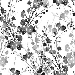 Black and white flowers and leaves. Boho chic floral seamless pattern, endless motif in watercolour and digital. Mixed media botanical design for textile, fabric, packaging, decoupage, souvenirs.