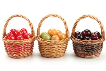 Three Miniature Wicker Baskets Filled with Red Yellow and Purple Fruit on White Background