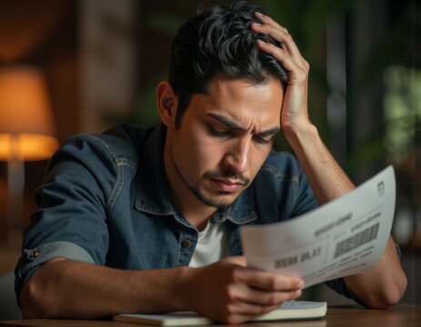 Young 30s Hispanic man feels stressed due to financial issues while making calculations or budget management dealing with challenging financial problems calculating debts review unexpected costs 