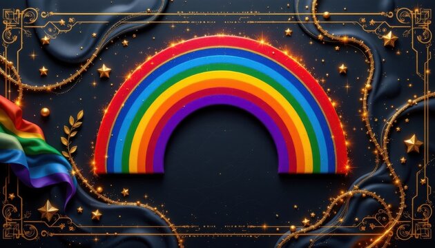 a luxury lgbt pride background with embossed gold rainbow elements, in obsidian tone with luminous rainbow lines, featured in top tier brand visuals supporting pride.