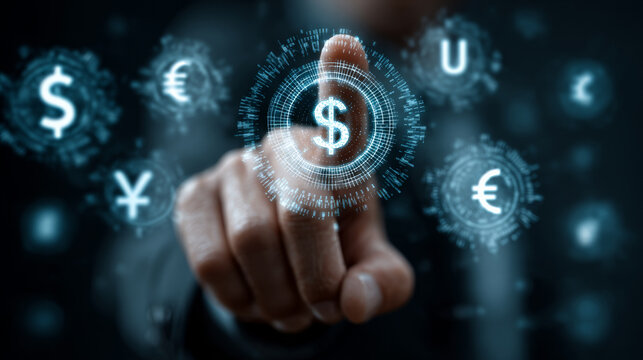 Person interacts with digital interface displaying various currency symbols, representing online banking and global finance. image conveys futuristic and technological theme