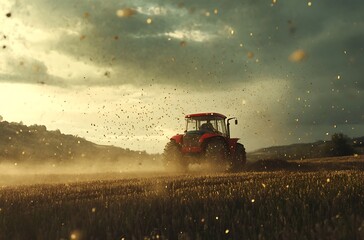 Fototapeta premium A tractor sowing seeds in a field, symbolizing farming and agriculture