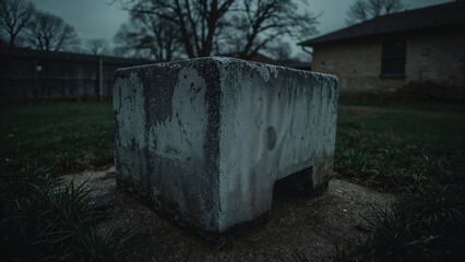 Naklejka premium Symmetrically shaped old concrete block in the front yard becoming dirty