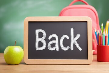 Back to school concept with backpack, colorful pencils and green apple on teacher's desk