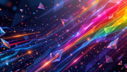 a luxury lgbt pride background with glassy prism overlays, in obsidian tone with luminous rainbow lines, designed for exclusive lgbtq+ gala invites.