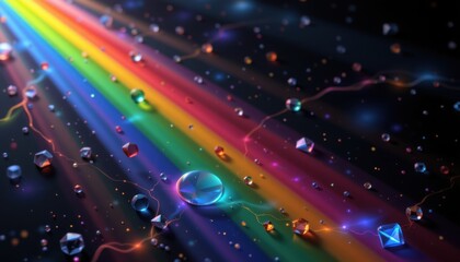 a luxury lgbt pride background with glassy prism overlays, in obsidian tone with luminous rainbow lines, for deluxe pride celebration cards.