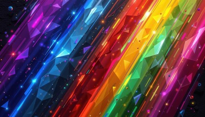 a luxury lgbt pride background with glassy prism overlays, in obsidian tone with luminous rainbow lines, ideal for luxury product packaging with pride identity.