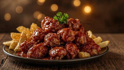 Crispy chicken wings glazed with a sweet sauce alongside potato chips