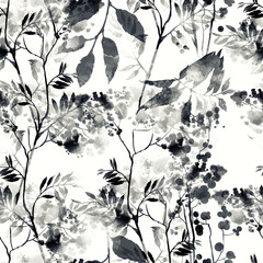 Black and white flowers and leaves. Boho chic floral seamless pattern, endless motif in watercolour and digital. Mixed media botanical design for textile, fabric, packaging, decoupage, souvenirs.