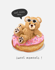 bear doll sitting on strawberry donut vector illustration