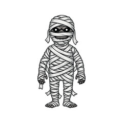 Mummy, Halloween zombie costume. Scary Helloween character disguised in bandages, walking. Creepy spooky haunted man, October party masquerade. Flat vector illustration isolated on white background