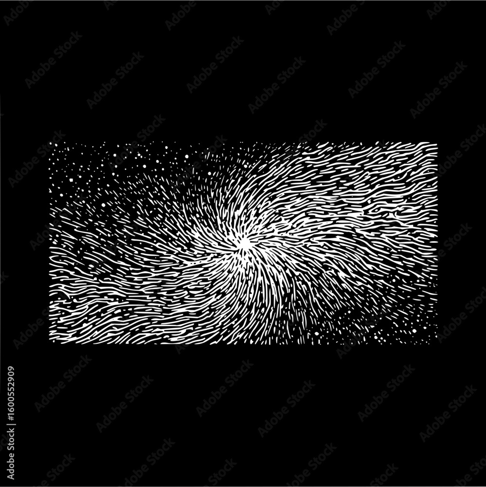 Poster white lines radiating from a central point on a black background with scattered white dots creating 