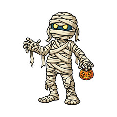 Mummy, Halloween zombie costume. Scary Helloween character disguised in bandages, walking. Creepy spooky haunted man, October party masquerade. Flat vector illustration isolated on white background