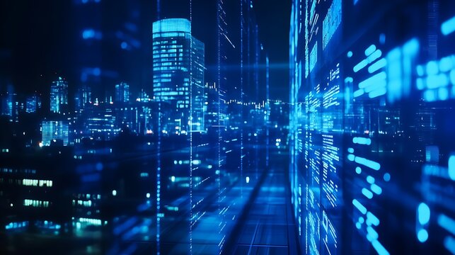 Futuristic blue digital cityscape with glowing skyscrapers and data streams representing technology and innovation