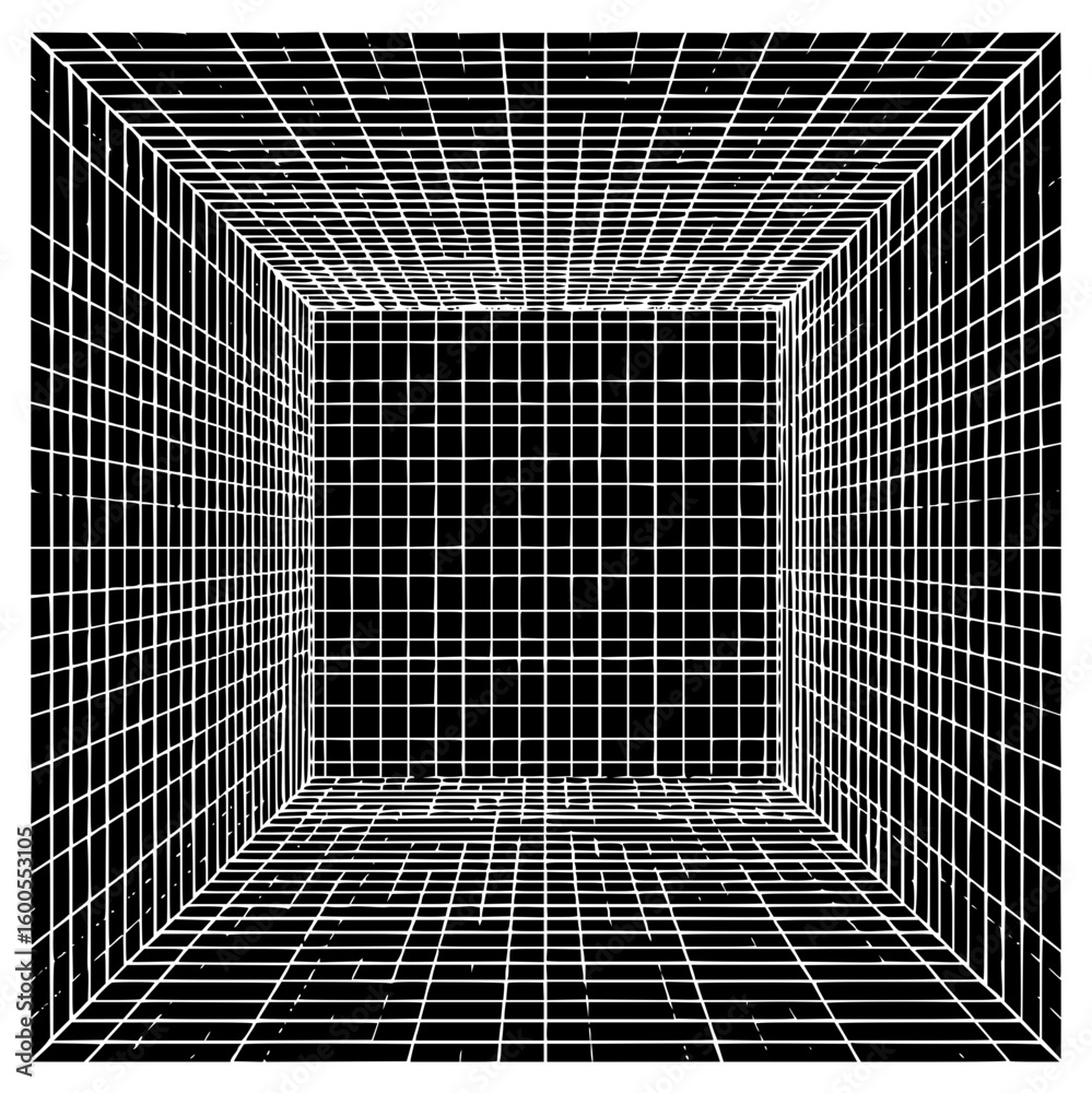 Aufkleber white grid lines forming a three dimensional cube like structure on a black background creating pers