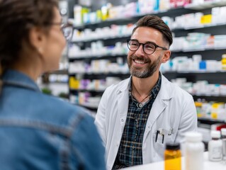 Friendly pharmacist consulting with a customer in a bright, organized pharmacy.