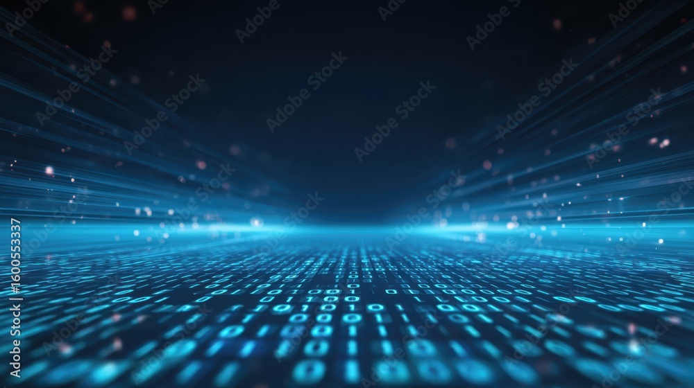 Aufkleber Futuristic digital background with glowing blue binary code stream. Abstract technology concept representing big data information flow and internet communication