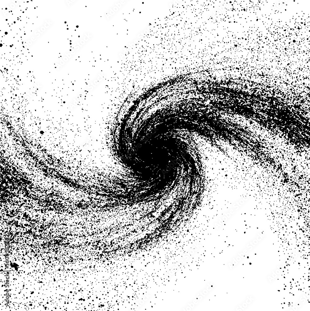 Poster a black and white swirling vortex with scattered dots creating a dynamic and abstract composition